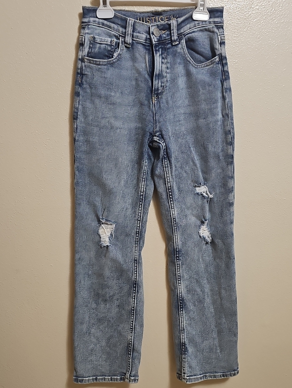 Justice Light Blue Distressed Straight-Leg Jeans